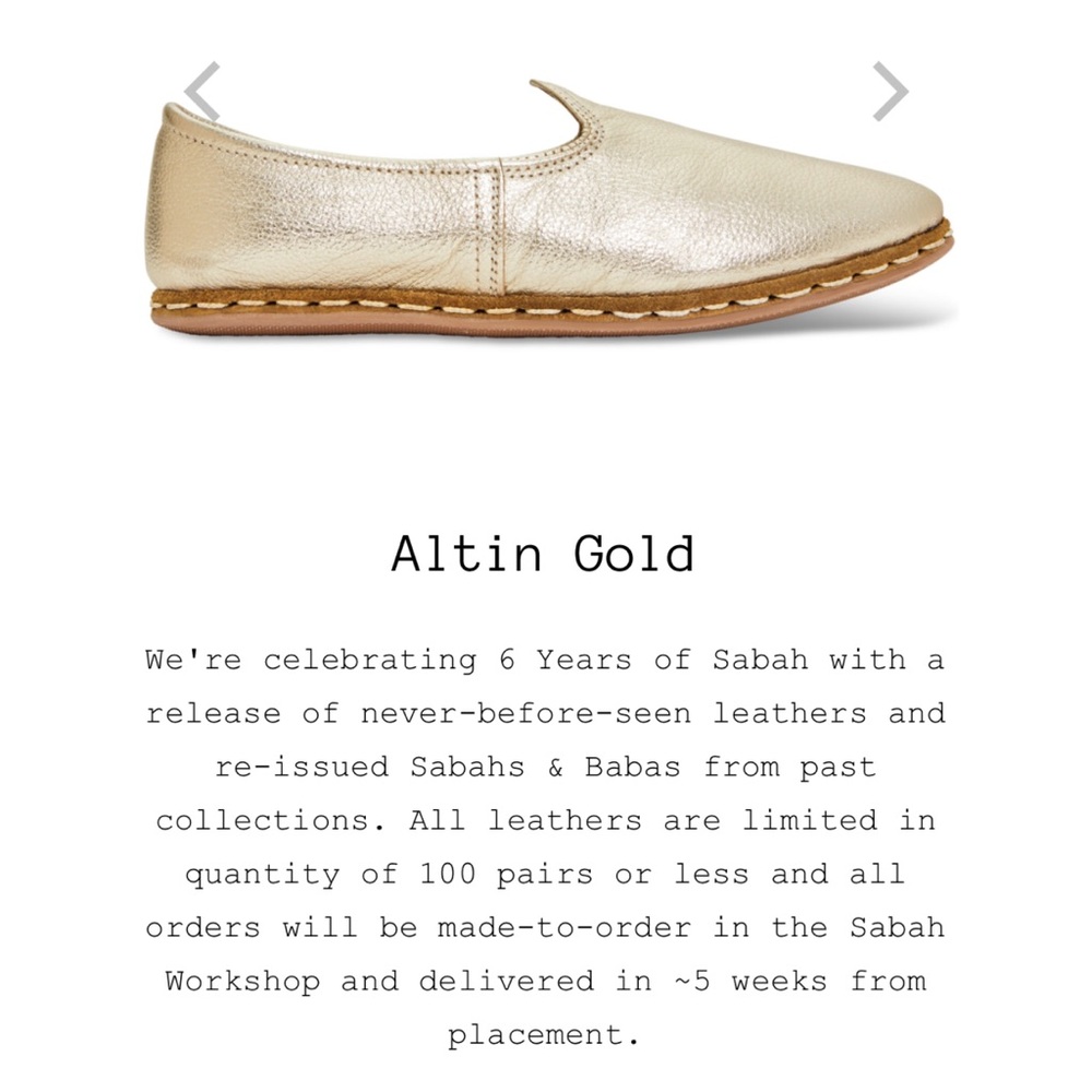 Limited edition Sabah Shoes in Altin Gold, sz 41W